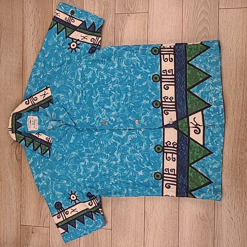 1950s NAPILI The‎ Ritz White Blue Hawaiian Abstract Medium Shirt VTG RARE